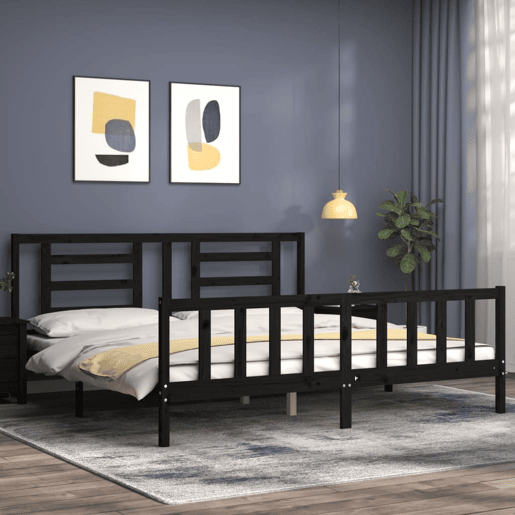 Estrutura de Cama de casal moderno com cabeceira 200x200 cm madeira maciça preto Estrutura de Cama de casal moderno com cabeceira 200x200 cm madeira maciça preto