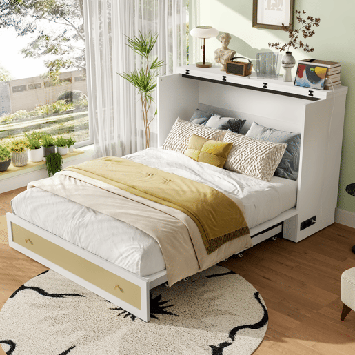 Cama rebatível 140x200 cm - móvel, gavetas na base, prateleira na cabeceira, USB e tomada, cama plataforma convertível, sem colchão - branco