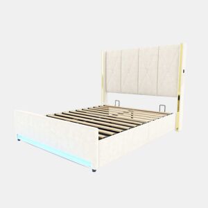 Cama em veludo 160x200 cm - Com cabeceira alta acolchoada, bolsos laterais, USB e LED, sistema hidráulico e amplo espaço de arrumação por baixo da cama - Bege