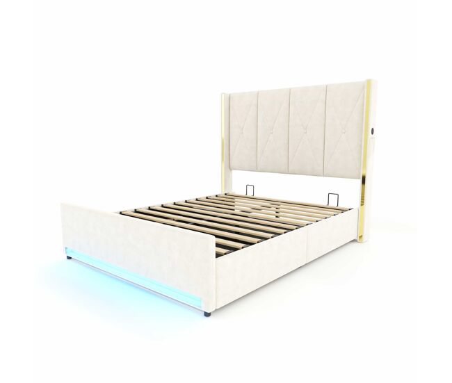 Cama de terciopelo 160x200cm - con cabezal alto acolchado, bolsillos laterales, usb & led, sistema hidráulico y gran espacio de almacenamiento debajo