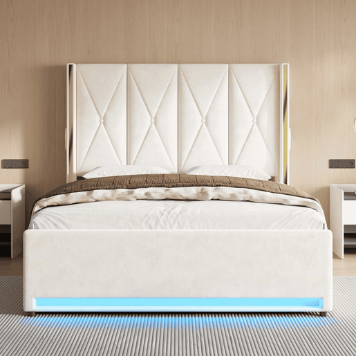 Cama em veludo 160x200 cm - Com cabeceira alta acolchoada, bolsos laterais, USB e LED, sistema hidráulico e amplo espaço de arrumação por baixo da cama - Bege Cama em veludo 160x200 cm - Com cabeceira alta acolchoada, bolsos laterais, USB e LED, sistema hidráulico e amplo espaço de arrumação por baixo da cama - Bege