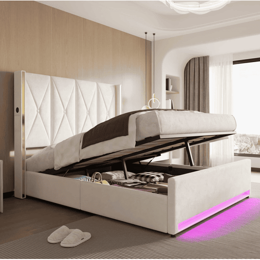 Cama em veludo 160x200 cm - Com cabeceira alta acolchoada, bolsos laterais, USB e LED, sistema hidráulico e amplo espaço de arrumação por baixo da cama - Bege Cama em veludo 160x200 cm - Com cabeceira alta acolchoada, bolsos laterais, USB e LED, sistema hidráulico e amplo espaço de arrumação por baixo da cama - Bege