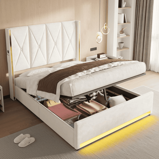 Cama em veludo 160x200 cm - Com cabeceira alta acolchoada, bolsos laterais, USB e LED, sistema hidráulico e amplo espaço de arrumação por baixo da cama - Bege Cama em veludo 160x200 cm - Com cabeceira alta acolchoada, bolsos laterais, USB e LED, sistema hidráulico e amplo espaço de arrumação por baixo da cama - Bege