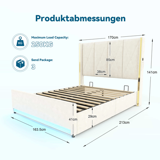 Cama em veludo 160x200 cm - Com cabeceira alta acolchoada, bolsos laterais, USB e LED, sistema hidráulico e amplo espaço de arrumação por baixo da cama - Bege Cama em veludo 160x200 cm - Com cabeceira alta acolchoada, bolsos laterais, USB e LED, sistema hidráulico e amplo espaço de arrumação por baixo da cama - Bege