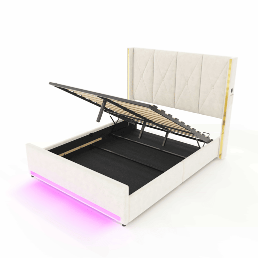 Cama em veludo 160x200 cm - Com cabeceira alta acolchoada, bolsos laterais, USB e LED, sistema hidráulico e amplo espaço de arrumação por baixo da cama - Bege Cama em veludo 160x200 cm - Com cabeceira alta acolchoada, bolsos laterais, USB e LED, sistema hidráulico e amplo espaço de arrumação por baixo da cama - Bege