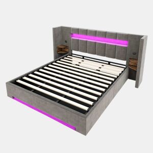 Cama de veludo 180x200 cm - Cabeceira larga, 2 portas USB, armário de estilo retro, luz LED, sistema hidráulico e amplo espaço de arrumação debaixo da cama com tecido não tecido - Cinza escuro