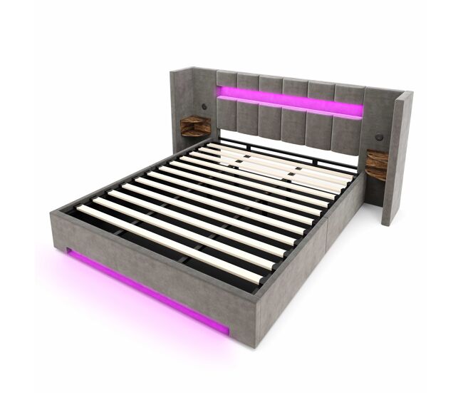 Cama de terciopelo 180x200cm - cabezal ancho, 2x usb, armario retro, luz led, sistema hidráulico y gran espacio de almacenamiento bajo la cama con