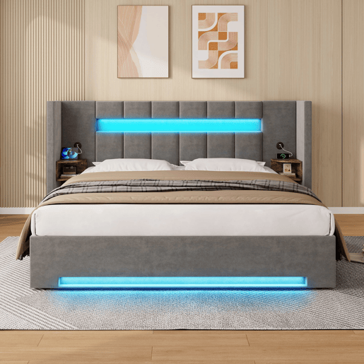 Cama de veludo 180x200 cm - Cabeceira larga, 2 portas USB, armário de estilo retro, luz LED, sistema hidráulico e amplo espaço de arrumação debaixo da cama com tecido não tecido - Cinza escuro