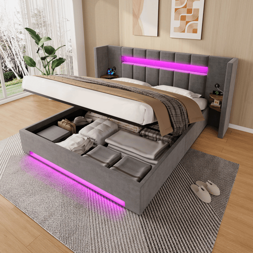 Cama de veludo 180x200 cm - Cabeceira larga, 2 portas USB, armário de estilo retro, luz LED, sistema hidráulico e amplo espaço de arrumação debaixo da cama com tecido não tecido - Cinza escuro