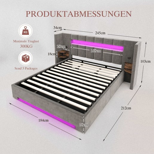 Cama de veludo 180x200 cm - Cabeceira larga, 2 portas USB, armário de estilo retro, luz LED, sistema hidráulico e amplo espaço de arrumação debaixo da cama com tecido não tecido - Cinza escuro