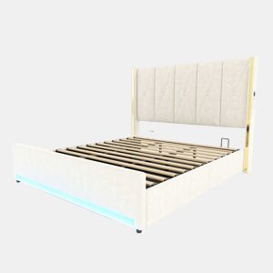 Cama em veludo 180x200 cm - Cabeceira alta e almofadada, com bolsos laterais, USB e LED, sistema hidráulico e amplo espaço de arrumação por baixo da cama - Bege