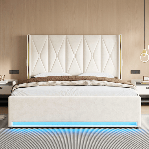 Cama em veludo 180x200 cm - Cabeceira alta e almofadada, com bolsos laterais, USB e LED, sistema hidráulico e amplo espaço de arrumação por baixo da cama - Bege