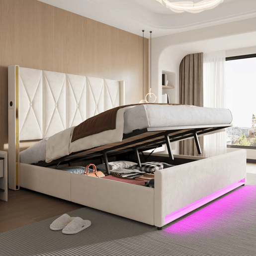 Cama em veludo 180x200 cm - Cabeceira alta e almofadada, com bolsos laterais, USB e LED, sistema hidráulico e amplo espaço de arrumação por baixo da cama - Bege