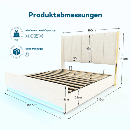 Cama em veludo 180x200 cm - Cabeceira alta e almofadada, com bolsos laterais, USB e LED, sistema hidráulico e amplo espaço de arrumação por baixo da cama - Bege
