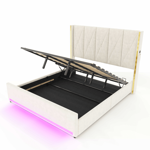 Cama em veludo 180x200 cm - Cabeceira alta e almofadada, com bolsos laterais, USB e LED, sistema hidráulico e amplo espaço de arrumação por baixo da cama - Bege