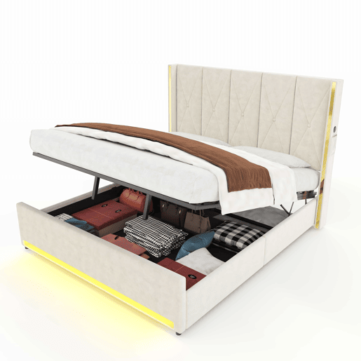 Cama em veludo 180x200 cm - Cabeceira alta e almofadada, com bolsos laterais, USB e LED, sistema hidráulico e amplo espaço de arrumação por baixo da cama - Bege