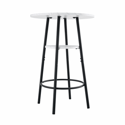 Mesa alta de bar com 60 cm de diâmetro x 89 cm de altura - com espaço de arrumação, efeito mármore moderno e estrutura metálica preta - branca
