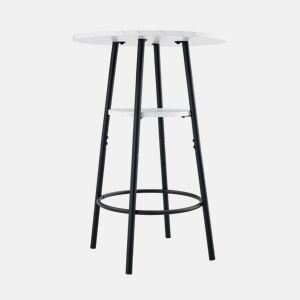 Mesa alta de bar com 60 cm de diâmetro x 89 cm de altura - com espaço de arrumação, efeito mármore moderno e estrutura metálica preta - branca