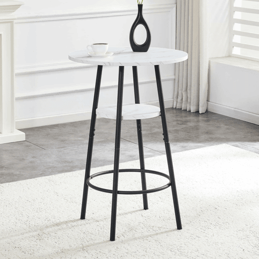 Mesa alta de bar com 60 cm de diâmetro x 89 cm de altura - com espaço de arrumação, efeito mármore moderno e estrutura metálica preta - branca