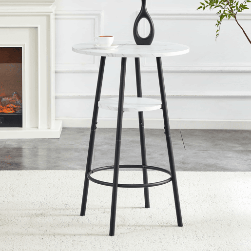 Mesa alta de bar com 60 cm de diâmetro x 89 cm de altura - com espaço de arrumação, efeito mármore moderno e estrutura metálica preta - branca