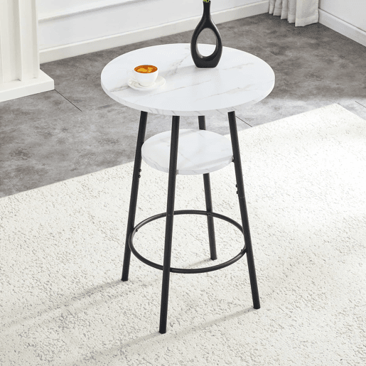 Mesa alta de bar com 60 cm de diâmetro x 89 cm de altura - com espaço de arrumação, efeito mármore moderno e estrutura metálica preta - branca