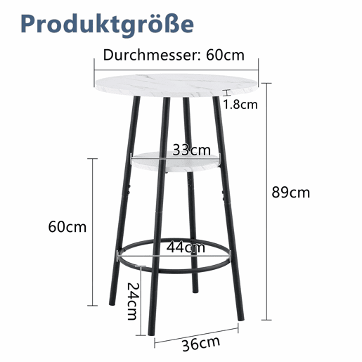 Mesa alta de bar com 60 cm de diâmetro x 89 cm de altura - com espaço de arrumação, efeito mármore moderno e estrutura metálica preta - branca