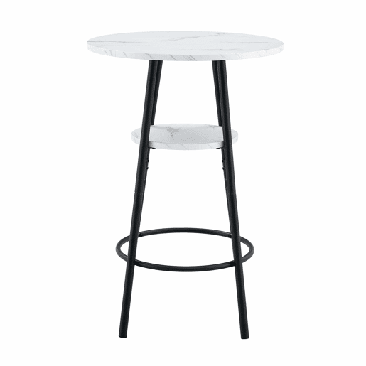 Mesa alta de bar com 60 cm de diâmetro x 89 cm de altura - com espaço de arrumação, efeito mármore moderno e estrutura metálica preta - branca