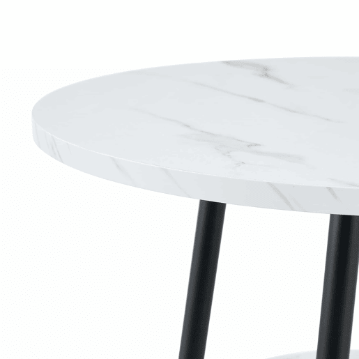 Mesa alta de bar com 60 cm de diâmetro x 89 cm de altura - com espaço de arrumação, efeito mármore moderno e estrutura metálica preta - branca