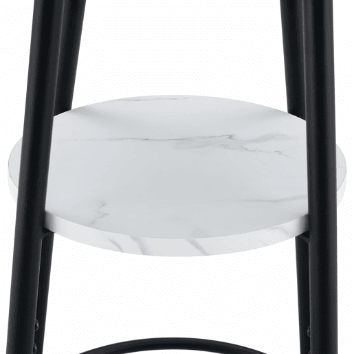 Mesa alta de bar com 60 cm de diâmetro x 89 cm de altura - com espaço de arrumação, efeito mármore moderno e estrutura metálica preta - branca