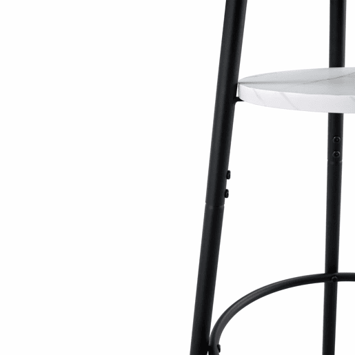 Mesa alta de bar com 60 cm de diâmetro x 89 cm de altura - com espaço de arrumação, efeito mármore moderno e estrutura metálica preta - branca