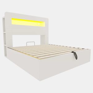 Cama de plataforma 140x200 - com arrumação, sistema hidráulico, cabeceira com LED e tomadas integradas - branco