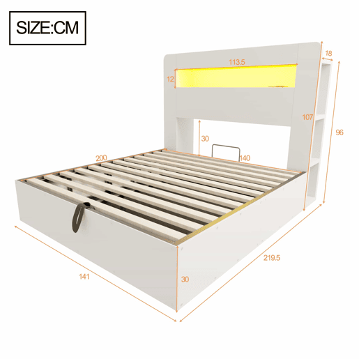 Cama de plataforma 140x200 - com arrumação, sistema hidráulico, cabeceira com LED e tomadas integradas - branco Cama de plataforma 140x200 - com arrumação, sistema hidráulico, cabeceira com LED e tomadas integradas - branco