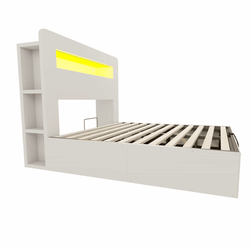 Cama de plataforma 140x200 - com arrumação, sistema hidráulico, cabeceira com LED e tomadas integradas - branco Cama de plataforma 140x200 - com arrumação, sistema hidráulico, cabeceira com LED e tomadas integradas - branco