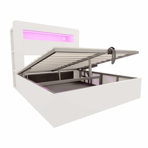 Cama de plataforma 140x200 - com arrumação, sistema hidráulico, cabeceira com LED e tomadas integradas - branco Cama de plataforma 140x200 - com arrumação, sistema hidráulico, cabeceira com LED e tomadas integradas - branco