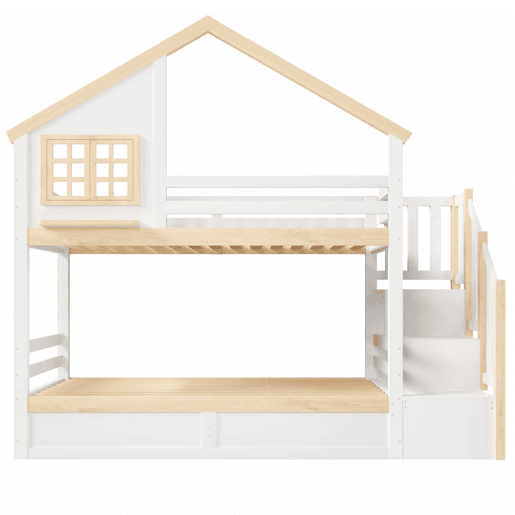 Cama de beliche, 90 x 200 cm - Sistema hidráulico, com grade de proteção, arrumação debaixo da cama, decoração com janela e casinha - Branco + Natural Cama de beliche, 90 x 200 cm - Sistema hidráulico, com grade de proteção, arrumação debaixo da cama, decoração com janela e casinha - Branco + Natural