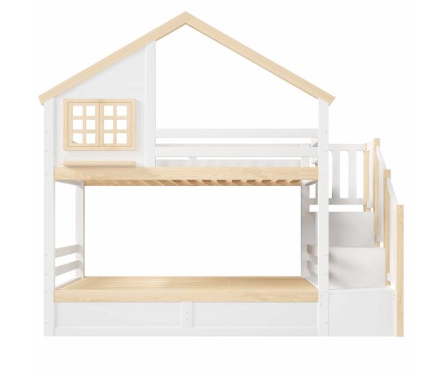Cama litera, 90x200 cm - hidráulica, con barrera de cama, almacenamiento bajo la cama, decoración de ventana y casa - blanco + natural