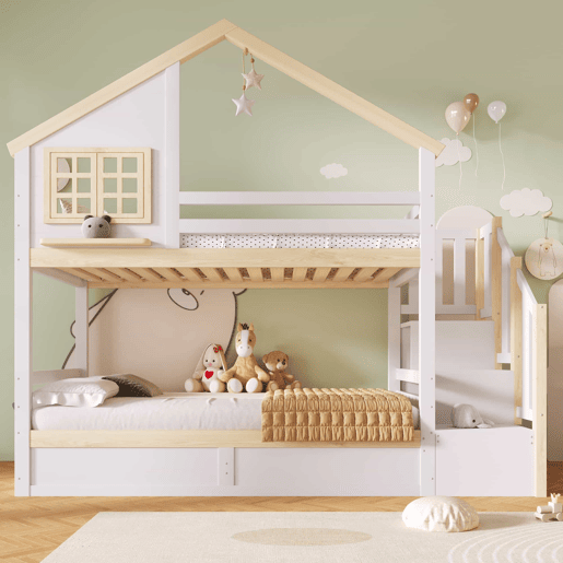 Cama de beliche, 90 x 200 cm - Sistema hidráulico, com grade de proteção, arrumação debaixo da cama, decoração com janela e casinha - Branco + Natural Cama de beliche, 90 x 200 cm - Sistema hidráulico, com grade de proteção, arrumação debaixo da cama, decoração com janela e casinha - Branco + Natural