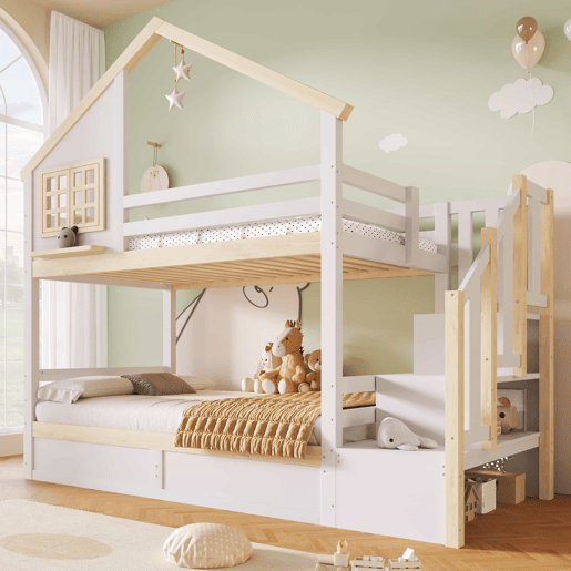 Cama de beliche, 90 x 200 cm - Sistema hidráulico, com grade de proteção, arrumação debaixo da cama, decoração com janela e casinha - Branco + Natural Cama de beliche, 90 x 200 cm - Sistema hidráulico, com grade de proteção, arrumação debaixo da cama, decoração com janela e casinha - Branco + Natural