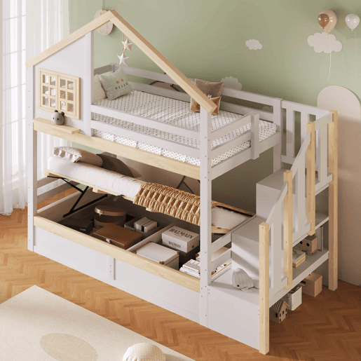Cama de beliche, 90 x 200 cm - Sistema hidráulico, com grade de proteção, arrumação debaixo da cama, decoração com janela e casinha - Branco + Natural Cama de beliche, 90 x 200 cm - Sistema hidráulico, com grade de proteção, arrumação debaixo da cama, decoração com janela e casinha - Branco + Natural