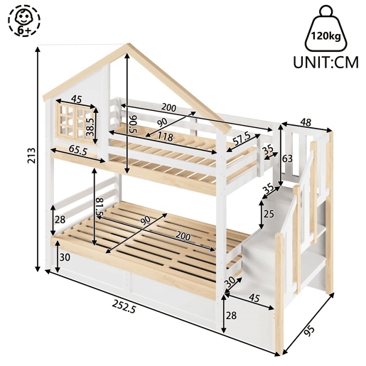 Cama de beliche, 90 x 200 cm - Sistema hidráulico, com grade de proteção, arrumação debaixo da cama, decoração com janela e casinha - Branco + Natural Cama de beliche, 90 x 200 cm - Sistema hidráulico, com grade de proteção, arrumação debaixo da cama, decoração com janela e casinha - Branco + Natural