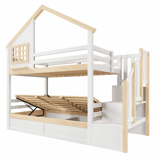Cama de beliche, 90 x 200 cm - Sistema hidráulico, com grade de proteção, arrumação debaixo da cama, decoração com janela e casinha - Branco + Natural Cama de beliche, 90 x 200 cm - Sistema hidráulico, com grade de proteção, arrumação debaixo da cama, decoração com janela e casinha - Branco + Natural