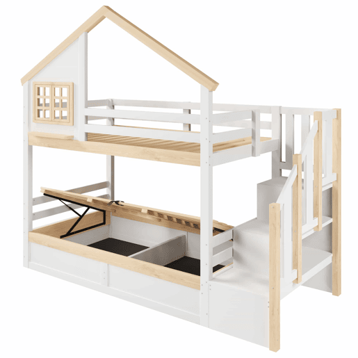 Cama de beliche, 90 x 200 cm - Sistema hidráulico, com grade de proteção, arrumação debaixo da cama, decoração com janela e casinha - Branco + Natural Cama de beliche, 90 x 200 cm - Sistema hidráulico, com grade de proteção, arrumação debaixo da cama, decoração com janela e casinha - Branco + Natural