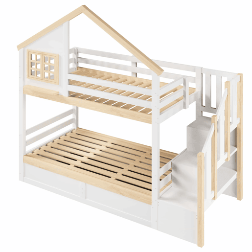 Cama de beliche, 90 x 200 cm - Sistema hidráulico, com grade de proteção, arrumação debaixo da cama, decoração com janela e casinha - Branco + Natural Cama de beliche, 90 x 200 cm - Sistema hidráulico, com grade de proteção, arrumação debaixo da cama, decoração com janela e casinha - Branco + Natural