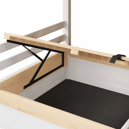 Cama de beliche, 90 x 200 cm - Sistema hidráulico, com grade de proteção, arrumação debaixo da cama, decoração com janela e casinha - Branco + Natural Cama de beliche, 90 x 200 cm - Sistema hidráulico, com grade de proteção, arrumação debaixo da cama, decoração com janela e casinha - Branco + Natural