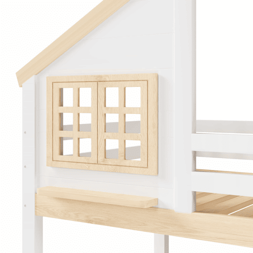 Cama de beliche, 90 x 200 cm - Sistema hidráulico, com grade de proteção, arrumação debaixo da cama, decoração com janela e casinha - Branco + Natural Cama de beliche, 90 x 200 cm - Sistema hidráulico, com grade de proteção, arrumação debaixo da cama, decoração com janela e casinha - Branco + Natural