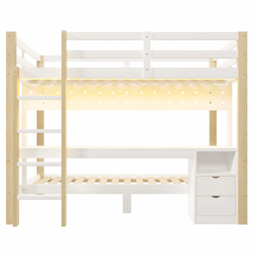 Cama alta 90x200 cm e 140x200 cm - Com gavetas e secretária, com sistema de suspensão de painel perfurado, inclui fita LED - Branco + Natural Cama alta 90x200 cm e 140x200 cm - Com gavetas e secretária, com sistema de suspensão de painel perfurado, inclui fita LED - Branco + Natural