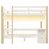 Cama alta 90x200 cm e 140x200 cm - Com gavetas e secretária, com sistema de suspensão de painel perfurado, inclui fita LED - Branco + Natural