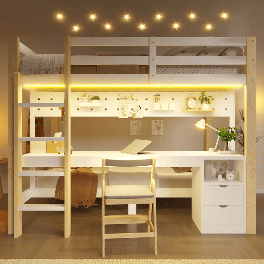 Cama alta 90x200 cm e 140x200 cm - Com gavetas e secretária, com sistema de suspensão de painel perfurado, inclui fita LED - Branco + Natural Cama alta 90x200 cm e 140x200 cm - Com gavetas e secretária, com sistema de suspensão de painel perfurado, inclui fita LED - Branco + Natural