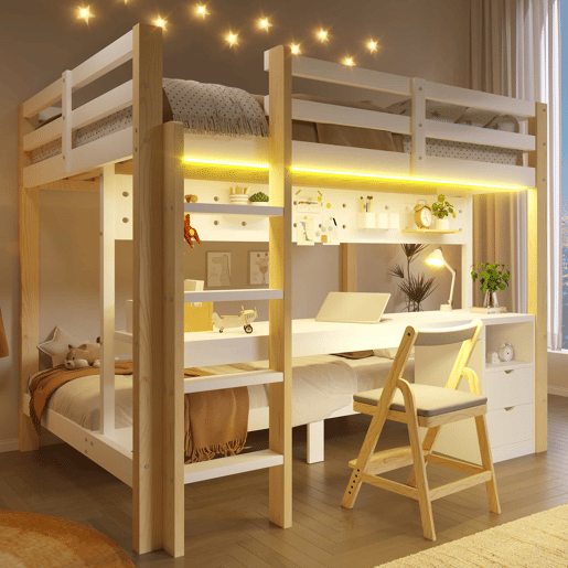 Cama alta 90x200 cm e 140x200 cm - Com gavetas e secretária, com sistema de suspensão de painel perfurado, inclui fita LED - Branco + Natural Cama alta 90x200 cm e 140x200 cm - Com gavetas e secretária, com sistema de suspensão de painel perfurado, inclui fita LED - Branco + Natural