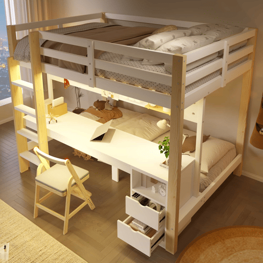 Cama alta 90x200 cm e 140x200 cm - Com gavetas e secretária, com sistema de suspensão de painel perfurado, inclui fita LED - Branco + Natural Cama alta 90x200 cm e 140x200 cm - Com gavetas e secretária, com sistema de suspensão de painel perfurado, inclui fita LED - Branco + Natural